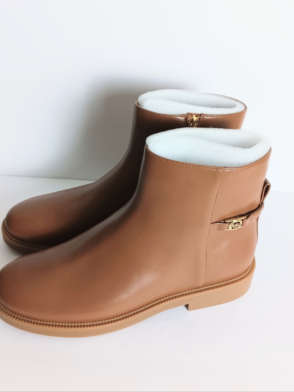 Michael Kors Women Cognac Leather Ankle Boots with Gold MK Accent - Picture 2 of 7